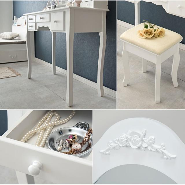 ドレッサー 三面鏡タイプ 幅90cm スツール付き オーバル 丸形 可愛い