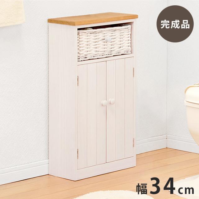トイレラック ミドル 幅34cm 高さ62cm 完成品 桐材 柳材バスケット付き トイレ収納 ラック 棚 トイレットペーパー ブラシ 収納 おしゃれ(代引不可)【送料無料】