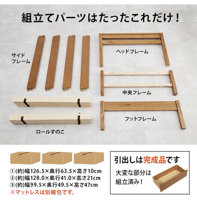 工具不要・簡単組立 引き出し・棚コンセント付き ベッド セミダブル ポケットコイルマットレス付き 2点セット 耐荷重200kg 頑丈 ベッド ベッドフレーム すのこベッド 木製 北欧 おしゃれ(代引不可)【送料無料】_3