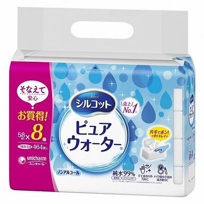【単品9個セット】 シルコットピュアウォーターウェットティッシュ詰替58枚×8個パック まとめ買い(代引不可)【送料無料】 7,681円