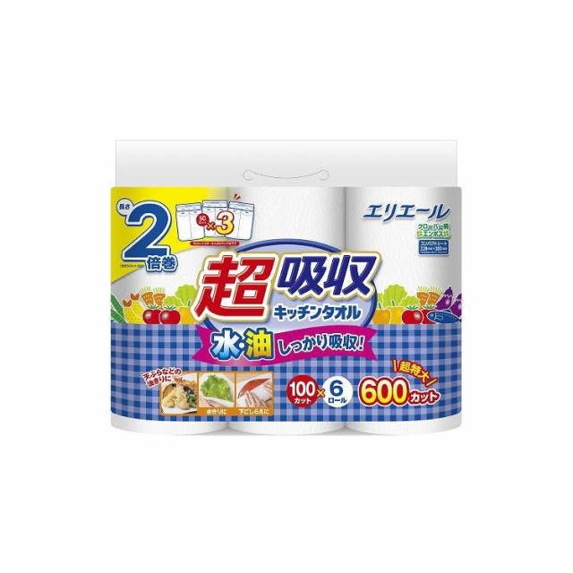 【単品25個セット】 大王製紙 エリエール超吸収キッチンタオル6R(100カット)(代引不可)【送料無料】