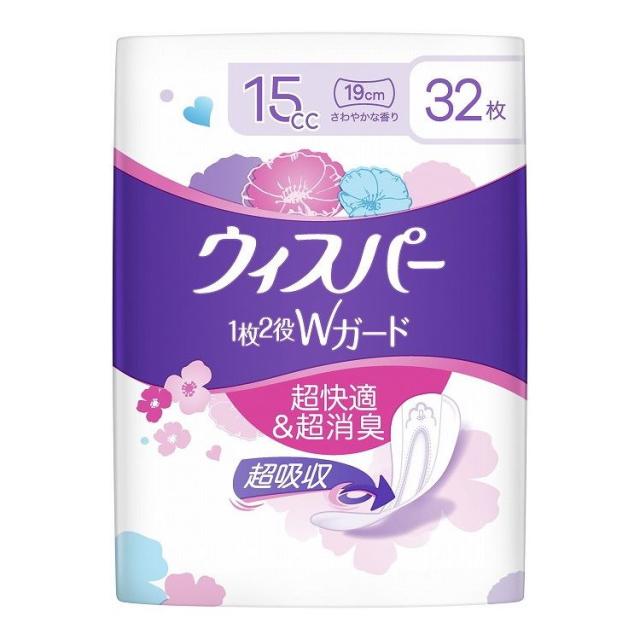 【単品15個セット】 P&G ウィスパー1枚2役Wガード おりもの&水分ケア パンティライナー 15cc 32枚(代引不可)【送料無料】