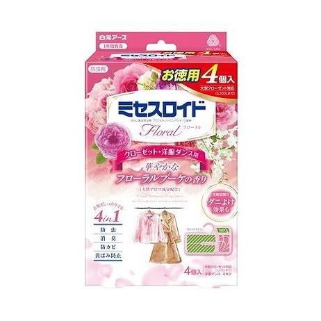 【単品9個セット】 ミセスロイドフローラル クローゼット・洋服ダンス用 4個入 1年防虫 フローラルブーケの香り 白元アース(代引不可)【送料無料】