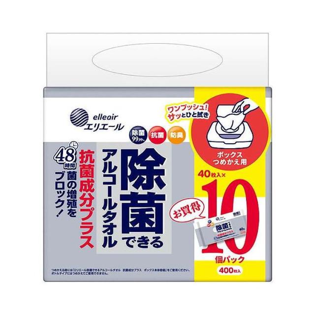 【単品6個セット】 エリエール 除菌できるアルコールタオル 抗菌成分プラス ボックスつめかえ用 40枚×10P(代引不可)【送料無料】