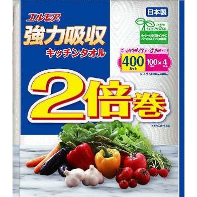 【単品8個セット】 エルモア 強力吸収キッチンタオル 2倍巻 4ロール 2枚重ね×100カット カミ商事(代引不可)【送料無料】の通販は