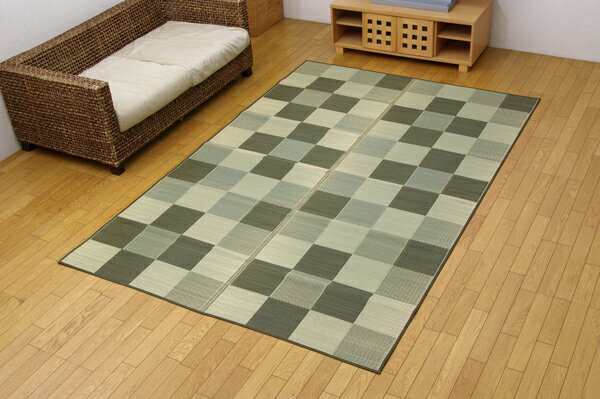 純国産 い草花ござカーペット 『ブロック』 グリーン 江戸間3畳（約174×261cm）(代引き不可)【送料無料】の通販は