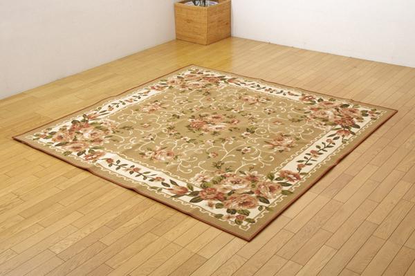 ナイロン 花柄 簡易カーペット 撥水キャンベル ベージュ 約200×300cm(代引不可)【送料無料】_3