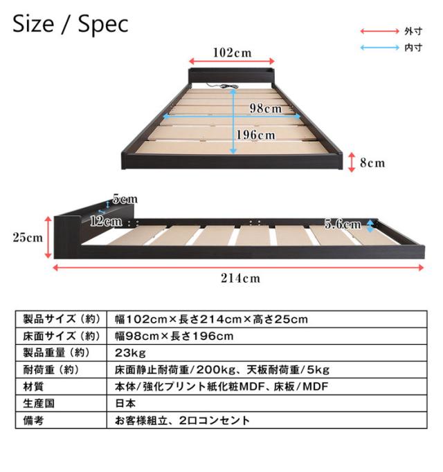 日本製 フロアベッド シングル フレームのみ ベッド ローベッド 低い宮付き 棚付き 宮棚 シンプル かわいい コンパクト シングル(代引不_8
