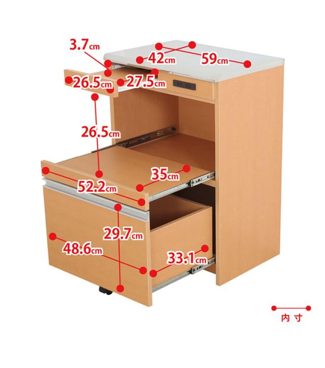 ステンレス天板キッチンカウンター 幅60cm×奥行42cm×高さ85cm 日本製 コンセント2口(計1500W)付き 最下段の引き出しに支えキャスター付き キッチン収納 レンジ台(代引不可)【送料無料】_14