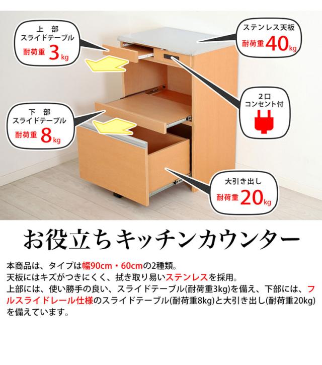 ステンレス天板キッチンカウンター 幅60cm×奥行42cm×高さ85cm 日本製 コンセント2口(計1500W)付き 最下段の引き出しに支えキャスター付き キッチン収納 レンジ台(代引不可)【送料無料】_2