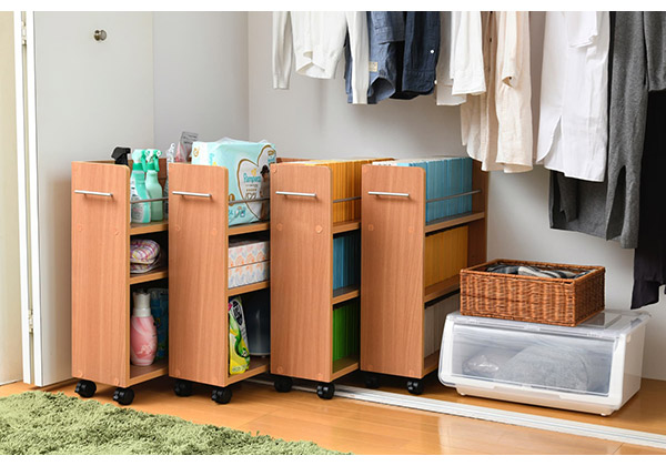 クローゼット 収納 ラック 本棚 4個セット 幅19 奥行58 キャスター付き ワゴン 整理 隙間 家具 押入れ 収納 リビング 大容量(代引不可)【_12