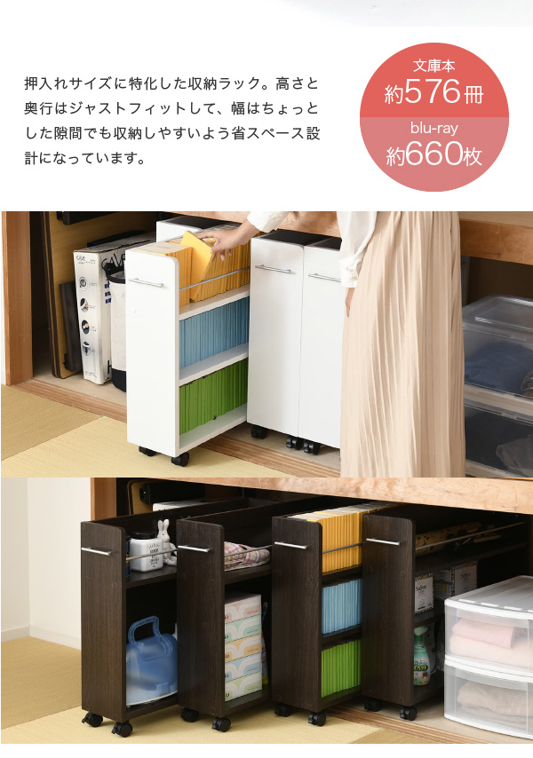 押入れ 収納 ラック 本棚 4個セット 幅19 奥行78 キャスター付き ワゴン 整理 隙間 家具 押入れ 収納 リビング 大容量(代引不可)【送料無_4