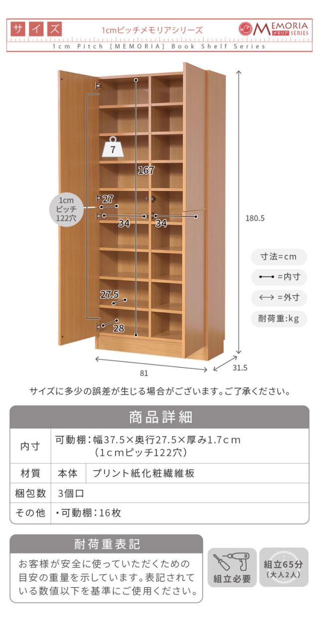MEMORIA 本棚 深型 扉付き書棚 幅81 棚板が1cmピッチで調整できる メモリアシリーズ まるで図書館 スリム 大容量 文庫本 コミック(代引不可)【送料無料】
