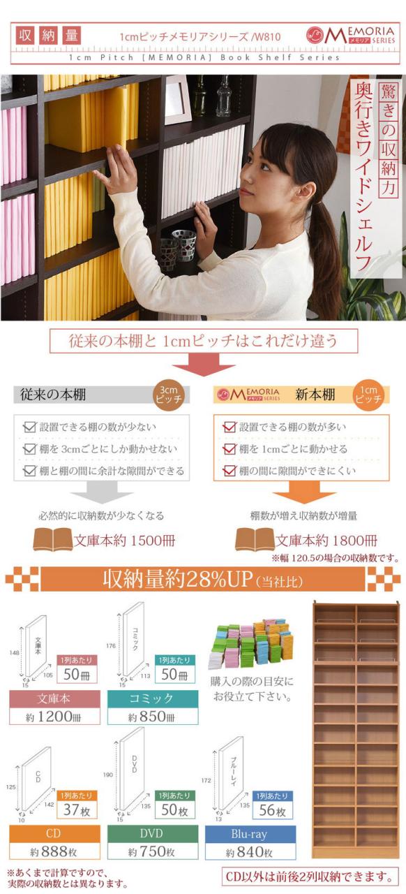 MEMORIA 本棚 深型 オープン書棚+上置き 幅81 棚板が1cmピッチで調整できる メモリアシリーズ まるで図書館 スリム 大容量 文庫本 コミック(代引不可)【送料無料】_6