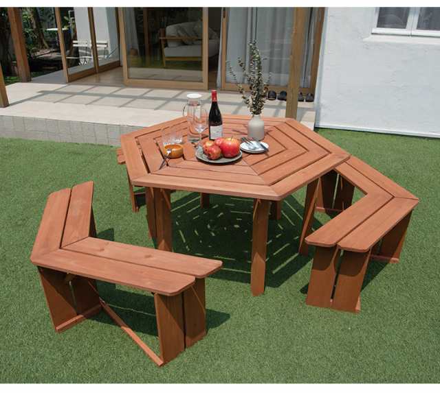 ガーデン テーブルベンチセット 木製 六角 ブラウン 最大6人使用可能 ガーデンテーブル ガーデンベンチ ガーデンテーブル&ベンチ4点セッ｜au  PAY マーケット
