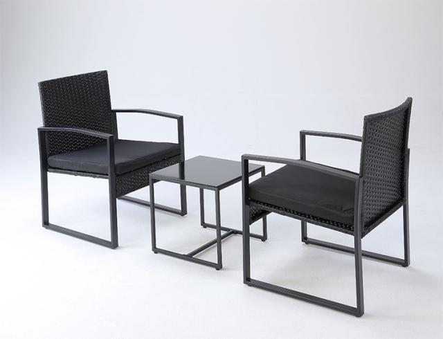 ガーデンファニチャー ラタン調 3点セット ブラック テーブル付き