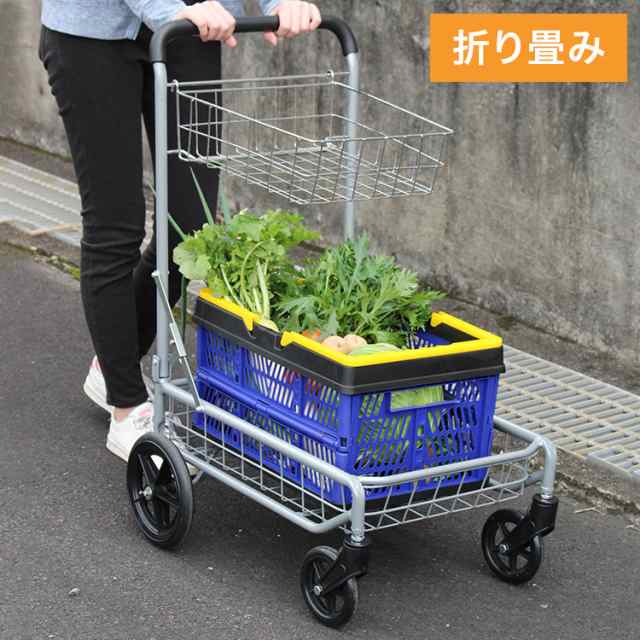 折りたたみ バスケット台車 2段 カート 合計耐荷重40kg かご付きカート キャリーカート マルチキャリー 運搬 折り畳み台車 手押し 省スペース レジャー アウトドア 買物(代引不可)【送料無料】の通販は