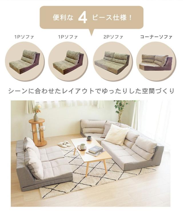 コーナーソファ4点セット 日本製 ソファ ソファー コーナーソファ ローソファ 4点セット 組み換え自由 レイアウト自由 1P 2P コーナー ロ—タイプ ファブリック生地 連結 ウレタン ウレタンソファ(代引不可)【送料無料】