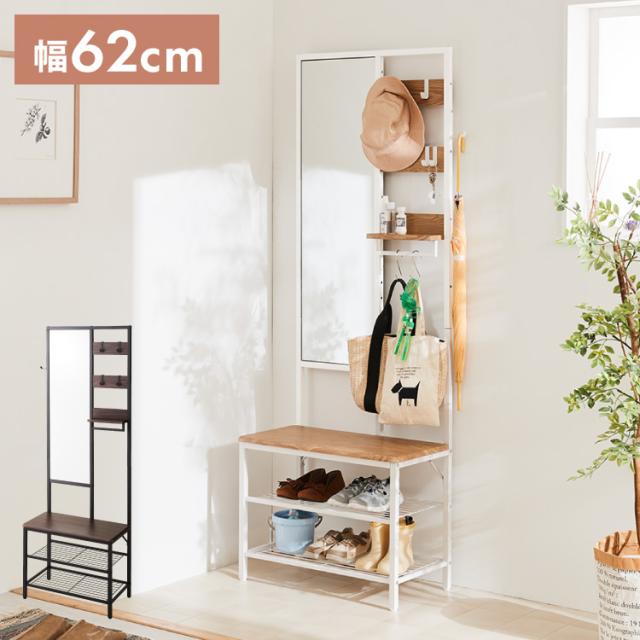 姿見 ミラー付き収納 コーディネートラック 幅62cm 奥行33cm スリム 高さ169.5cm 多機能 鏡 ミラー フック付き ハンガーラック 壁付け 間仕切り ベンチ スツール 玄関収納 ディスプレイ おしゃれ(