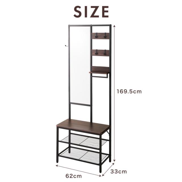 姿見 ミラー付き収納 コーディネートラック 幅62cm 奥行33cm スリム 高さ169.5cm 多機能 鏡 ミラー フック付き ハンガーラック 壁付け 間仕切り ベンチ スツール 玄関収納 ディスプレイ おしゃれ(_16