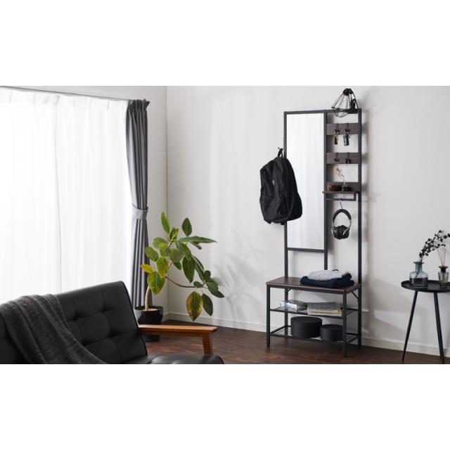 姿見 ミラー付き収納 コーディネートラック 幅62cm 奥行33cm スリム 高さ169.5cm 多機能 鏡 ミラー フック付き ハンガーラック 壁付け 間仕切り ベンチ スツール 玄関収納 ディスプレイ おしゃれ(_18
