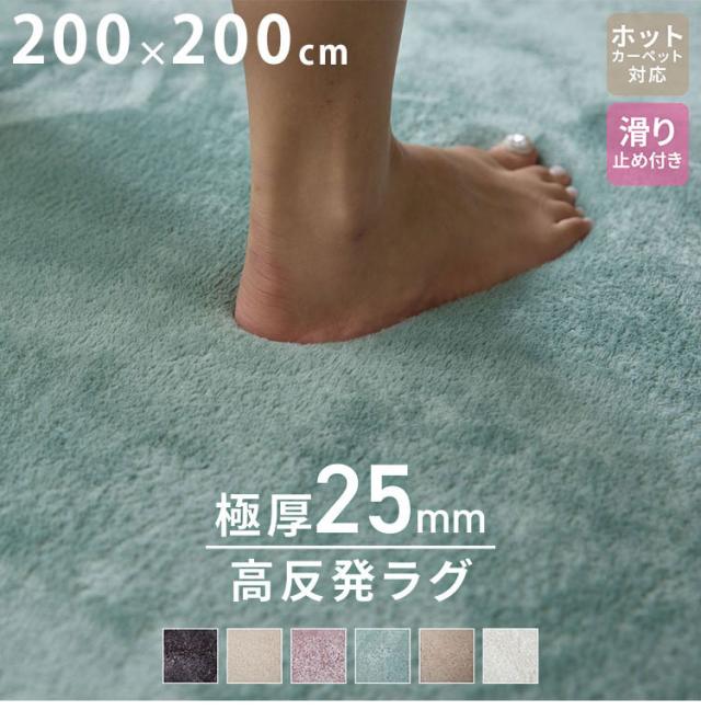 極厚高反発ラグ 200×200cm 極厚25mm 正方形 フランネル 撥水 防音 滑り