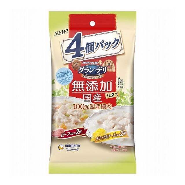 【12個セット】 ユニチャーム グラン・デリ 無添加仕立て 国産パウチ 成犬用 ビーフ入り×ナチュラルチーズ入り 70g×4個【送料無料】の通販は 5,242円