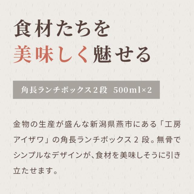 工房アイザワ ランチボックス 2段 500ml×2 1000ml 日本製 燕三条 弁当箱 角型 角長ランチボックス フードボックス フードコンテナ 弁当 ランチBOX ステンレス ゴム付き 仕切り付き パッキン付き【送料無料】_1