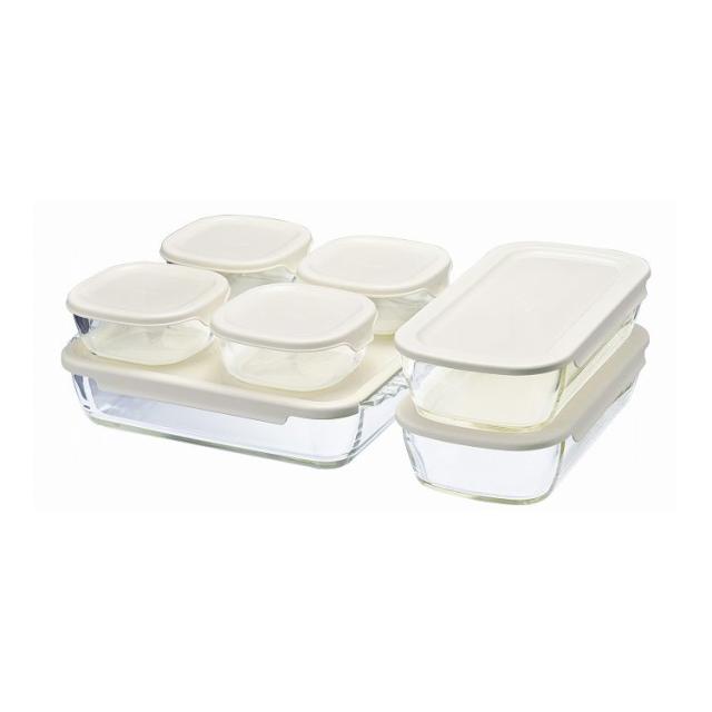 HARIO ハリオ スタッキング耐熱ガラスコンテナ・スクエア 7個セット HKOZ-8002-OW 満水容量KST-25/250ml KSTL-90/900ml HKOZ-200/2000ml オフホワイト 耐熱ガラス保存容器【送料無料】