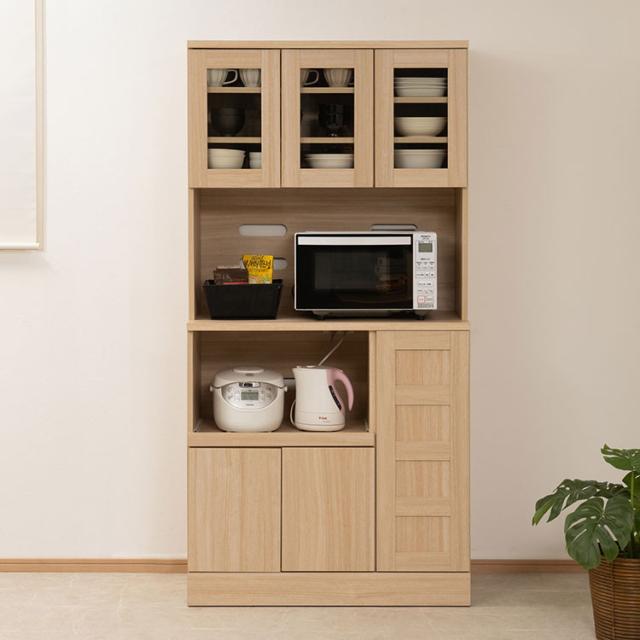 marine カップボード 幅90 高さ179.5 食器棚 キッチン収納 北欧 スライド レンジ台 レンジボード コンセント付 大容量 キッチンラック レンジラック 台所 おしゃれ ナチュラル 木目調(代引不可)【送料無料】
