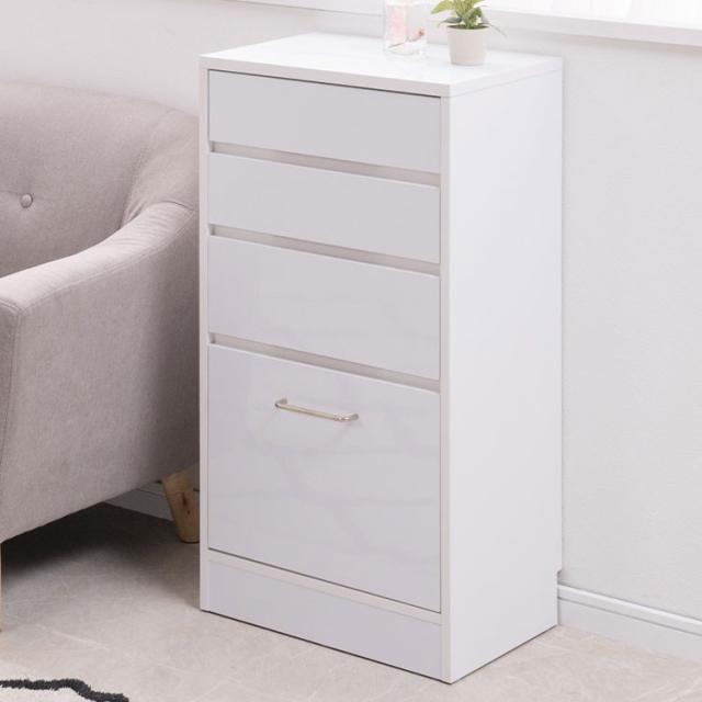 SIRO LV スリムチェスト 幅45 4段 ハイグロスホワイト 背面化粧仕上げ すきま ラック サイドボード 窓下 引出し 引き出し タンス 隙間 ストッパー付き レール付 ランドリー 白(代引不可)【送料無料】