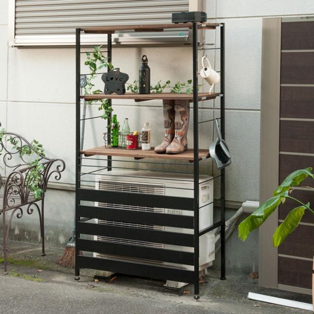 Seek 室外機カバー 上棚付きハイタイプ スタイリッシュ ヴィンテージ風 おしゃれ エアコンカバー 室外機 ガーデニング 棚 日よけ 雨よけ 雨避け エアコンラック ブラック ブラウン(代引不可)【送料無料】