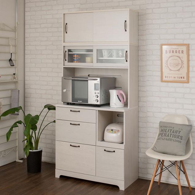 Late キッチンボード+上置き 幅90 高さ203 ホワイト 木目 カップボード 食器棚 レンジ台 レンジボード ラック 引き出し 大容量 キッチンラック 家電収納 収納家具 引き戸 引戸(代引不可)【送料無料】