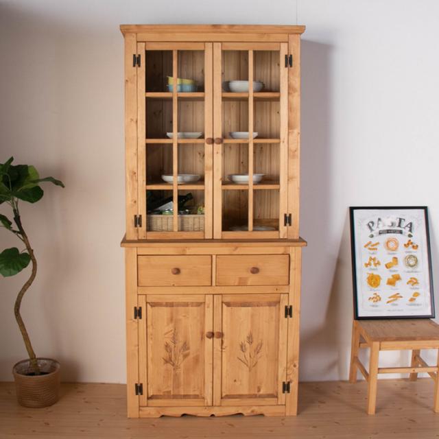 カップボード 幅90 奥行45 高さ195 カントリー ナチュラル 完成品 パイン無垢 OSMOオイル 自然塗装 天然木(代引不可)【送料無料】