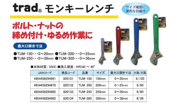 （業務用20個セット）TRAD モンキーレンチ/作業工具  目盛付き TUM-300 〔業務用/DIY用品/日曜大工/スパナ〕 業務用20個セット）TRAD モンキーレンチ/作業工具 【300mm】 目盛付き