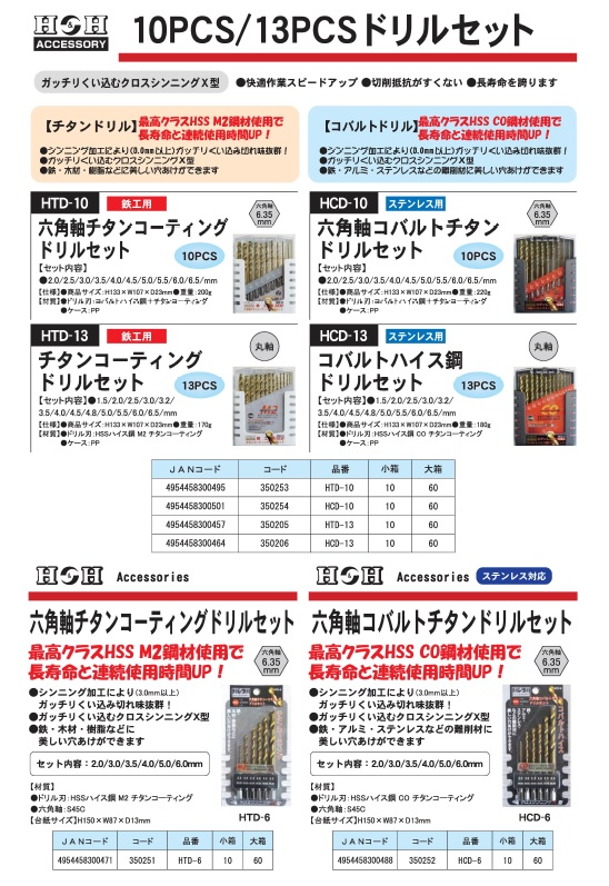 (業務用10セット) H＆H 六角軸コバルトドリルセット/先端工具 【10個入り×10セット】 ステンレス用 HCD-10 〔DIY用品/大工道具〕（代引の通販は