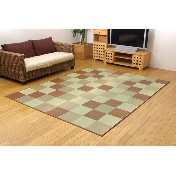 純国産 い草ラグカーペット 『Fブロック2』 ブラウン 約140×200cm（裏：ウレタン）（代引不可）