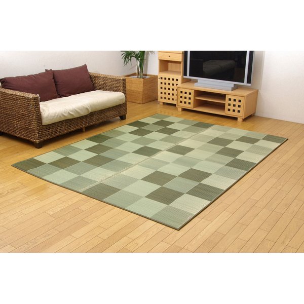 純国産 い草ラグカーペット 『Fブロック2』 グリーン 約140×200cm（裏：ウレタン）（代引不可）