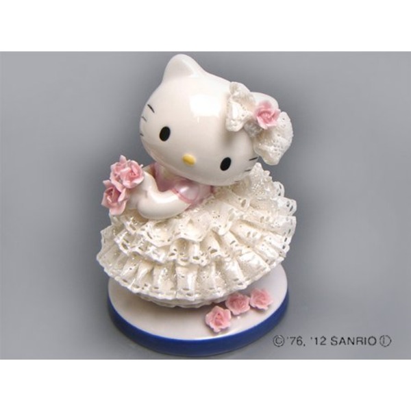 ハローキティ 陶器製 フィギュア ピンク ドレス付き 約15cm 陶器のキティ】陶製とは思えない、繊細なレース □ハローキティ