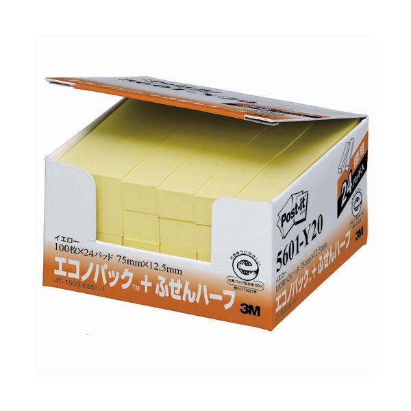 （まとめ） 3M ポストイット エコノパック ふせんハーフ 再生紙 75×12.5mm イエロー 5601-Y20 1パック（24冊） 【×4セット】（代引不可）の通販は 5,578円