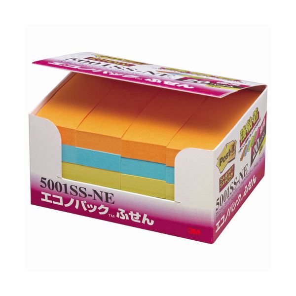 （まとめ） 3M ポストイット エコノパック 強粘着ふせん 75×25mm ネオンカラー5色 5001SS-NE 1パック（20冊） 【×2セット】（代引不可）の通販は 6,743円