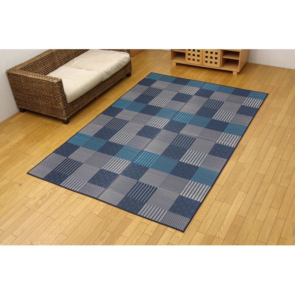 純国産 い草花ござ 『DX京刺子』 ブルー 江戸間4.5畳（261×261cm）（裏：不織布）（代引不可）