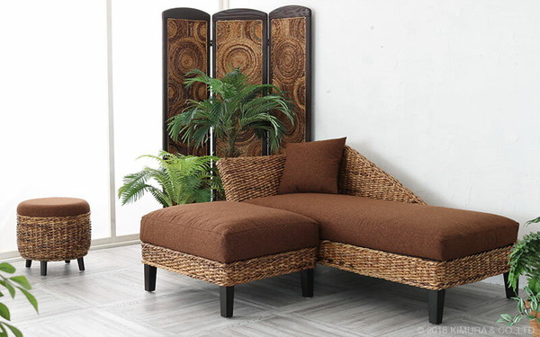 Baliバリ島バナナリーフ製ソファ ベージュ 開梱設置無料 カウチソファ バナナリーフ リゾート風 C1483ATE 爆買
