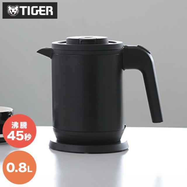 TIGER タイガー魔法瓶 蒸気レス電気ケトル 0.8L QUICK&SAFE+ 速い スピード沸騰 湯漏れ防止 ロック 空焚き ワンタッチ 二重構造 目盛り 抗菌 シンプル モノトーン PCK-A081 マットブラック【送料無料】