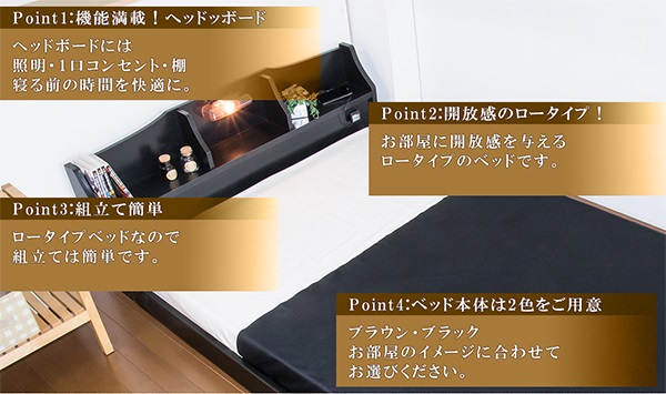 ベッド セミシングル 【日本製】 棚 照明 コンセント付き ロータイプ フロアベッド SGマーク付国産ポケットコイルマットレス付(代引不可)【送料無料】_1