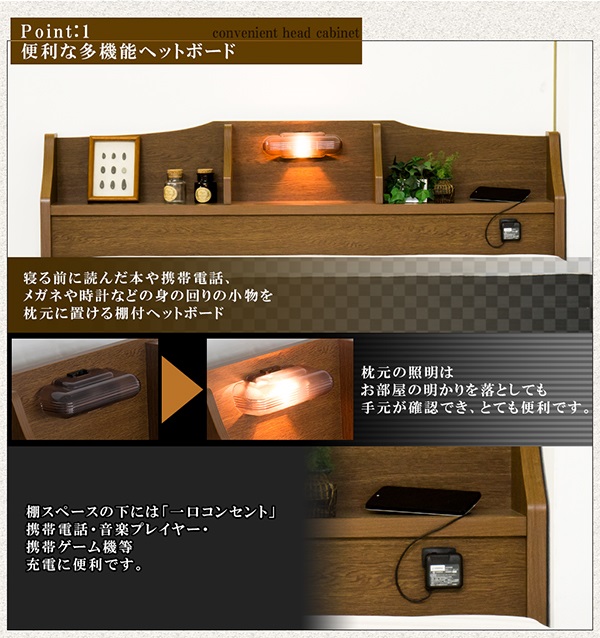 ベッド セミシングル 棚 照明 コンセント付き ロータイプ フロアベッド 二つ折りポケットコイルマットレス付(代引不可)【送料無料】_2