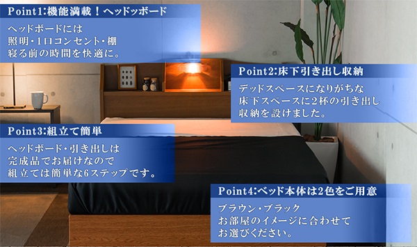 ベッド セミダブル 棚 照明 コンセント 引き出し付き ポケットコイルマットレス付(代引不可)【送料無料】_1