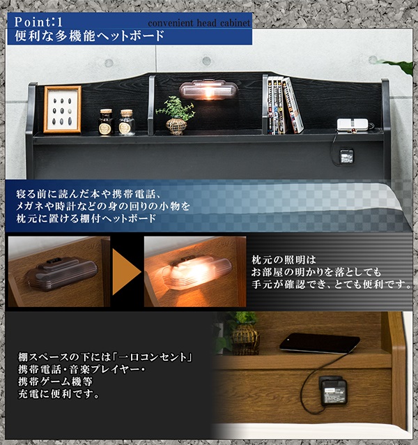 ベッド セミダブル 棚 照明 コンセント 引き出し付き ポケットコイルマットレス付(代引不可)【送料無料】_2