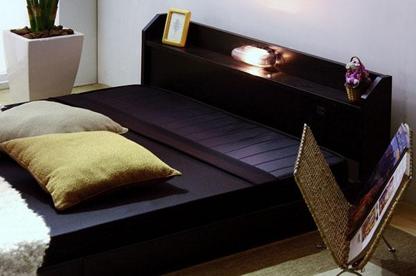 【日本製 棚付き 照明付き フロアベッド+低反発 ポケットコイル マットレス シングル】 連結 コンセント付き 宮付き シンプル(代引不可) 