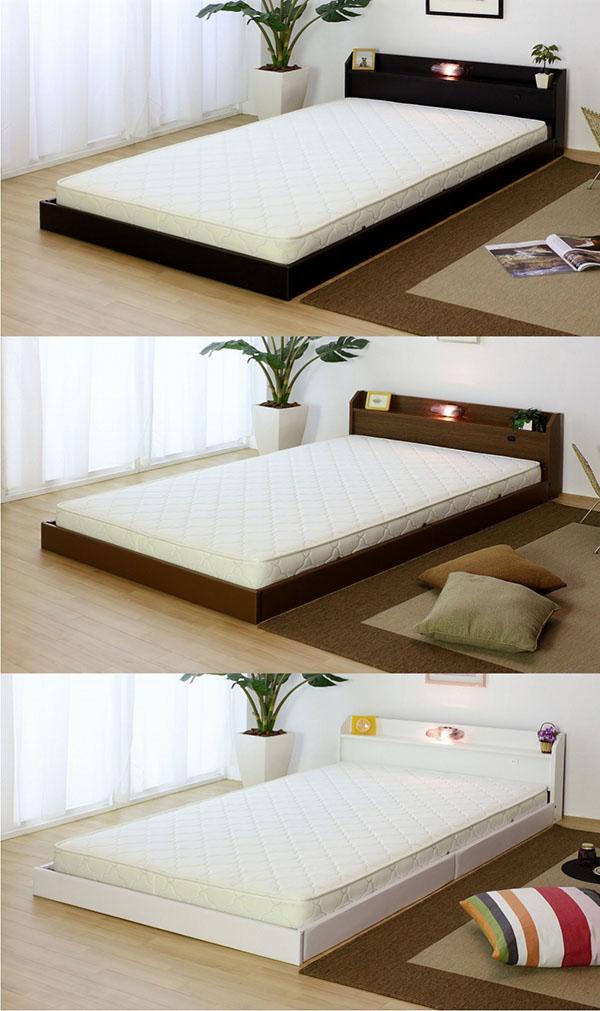 【日本製 棚付き 照明付き フロアベッド+低反発 ポケットコイル マットレス シングル】 連結 コンセント付き 宮付き シンプル(代引不可) 